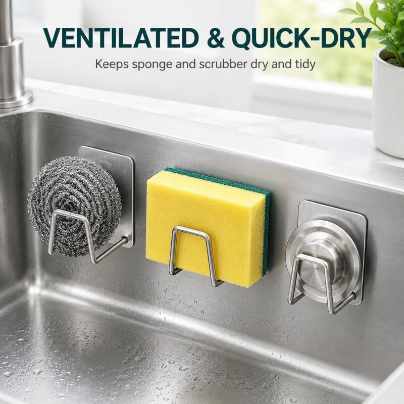 Commercial Kitchen Sink - Self-Adhesive Stainless Steel Sponge Holder, No-Drill